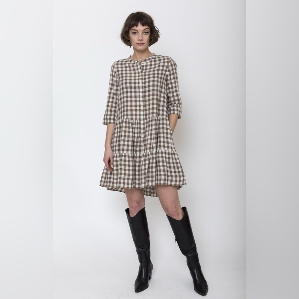 Apiece Apart Maurino Walnut Brown Gingham Drop Waist  Dress XL
